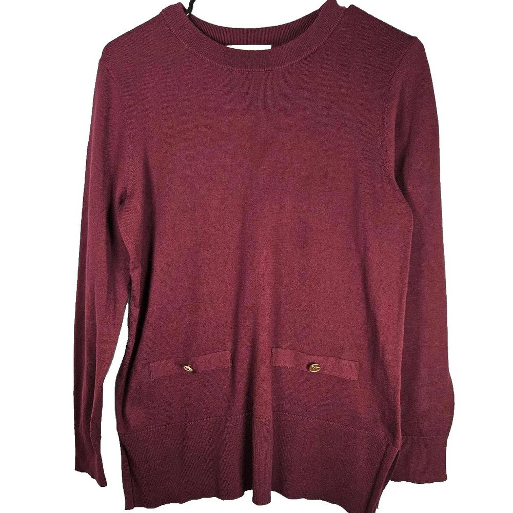 Michael Kors Womens Burgundy Crew Neck Sweater Gold Logo Button Pockets Small